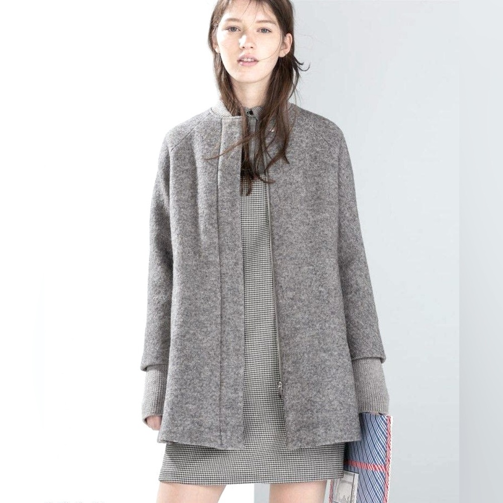 ZARA Gray Women's Zippered Cape Coat with Knit Sleeves